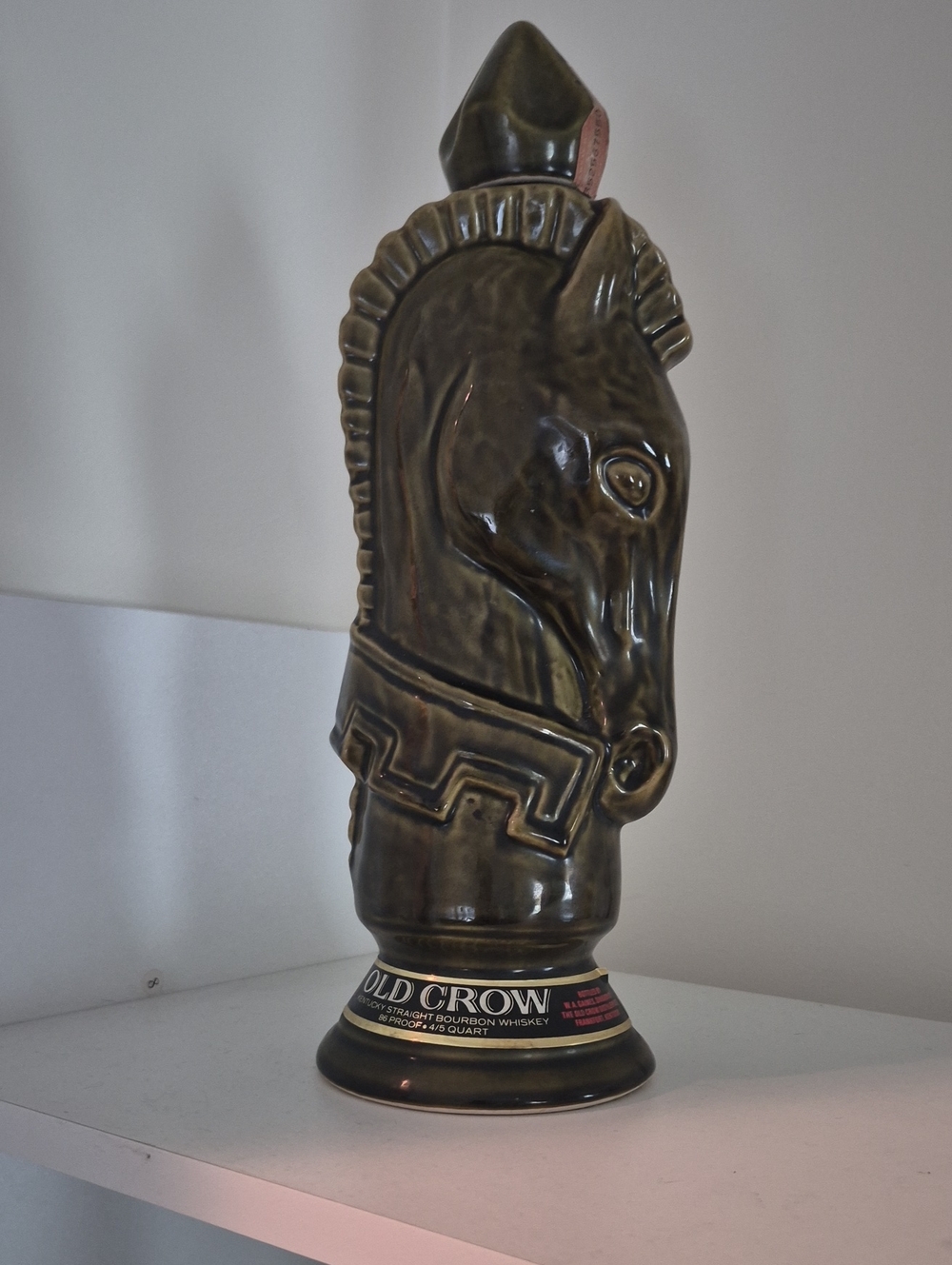Old Crow Bourbon Horse Head Decanter - Olive Green Ceramic